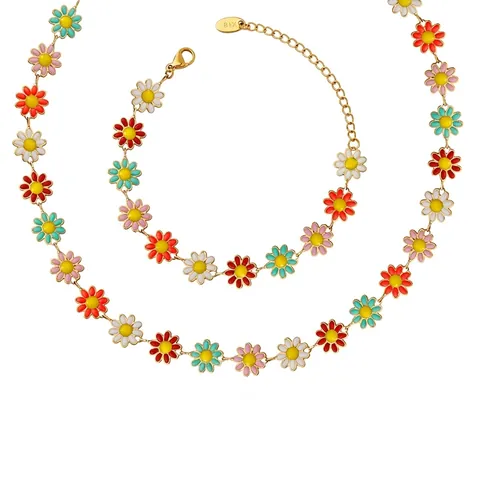 Set Di Gioielli Margherita In Smalto Colorato Collana E Bracciale In Acciaio Inossidabile Placcato Oro 18K Stile Pastorale Per Donne