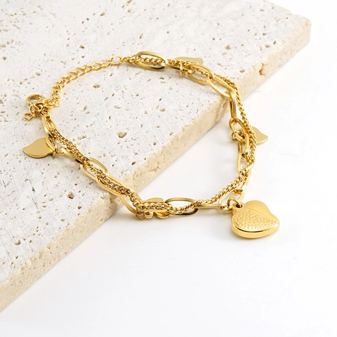 Stainless Steel Double Layer Chain Bracelet With Heart Anchor Unicorn Charm Adjustable For Women Hip Hop Style