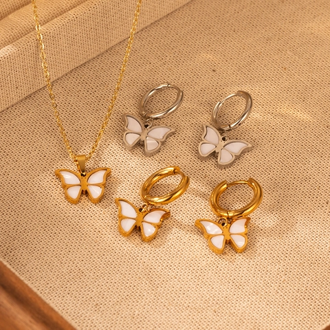 Stainless Steel Butterfly Hoop Earrings 18K Gold Plated Shell Inlay Round Ear Buckles Elegant Versatile Women Fashion Jewelry
