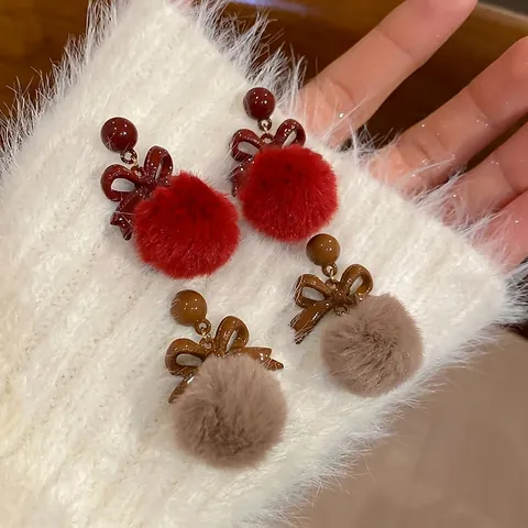 Schleife Plüschball Tropfenohrringe Mit 925 Sterling Silber Ohrstecker Herbst Winter Süßer Legierung Harz Schmuck Für Damen