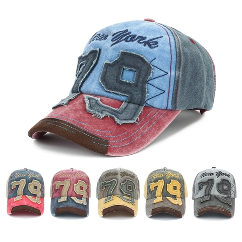 Vintage Gewaschene Baumwolle Baseballkappe Patchwork New York Stickerei Nummer 79 Patch Distressed Retro Sonnenhut Verstelbar