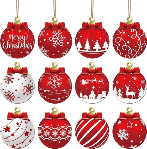 Ornamenti Appesi Per Albero Di Natale Pendenti Tondi In Legno Motivi Rosso Bianco Fiocco Di Neve Renna Con Corda Di Canapa