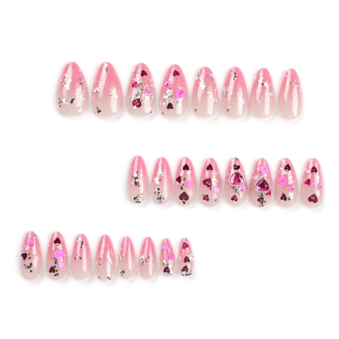 Almond Press On Nails Pink Gradient Heart Rhinestone Silver Glitter Luxury 3D Gem Artificial False Fingernails For Women