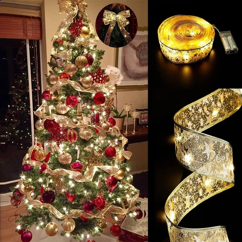 Christmas Ribbon LED String Lights Battery Operated Gold Silver Red Star Pattern Mesh Ribbon For Xmas Tree Decor Gift Wrapping
