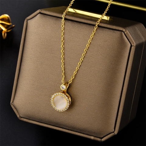 Collana Con Pendente Rotante In Acciaio Al Titanio Pietra Occhio Di Gatto Micro Pavé Zircone Gioielli Da Donna