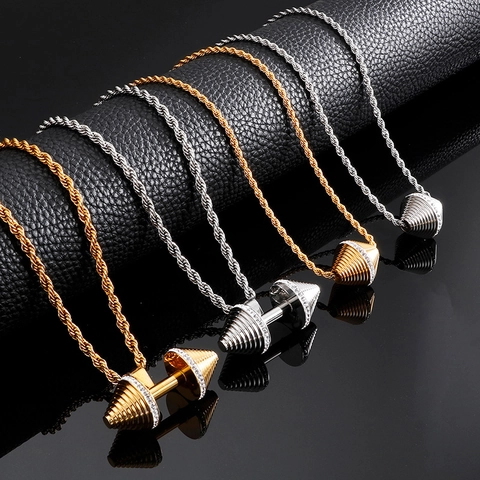 Dumbbell And Cone Pendant Necklace For Men Stainless Steel With Cubic Zirconia Fitness Sporty Hip Hop Jewelry Rope Chain