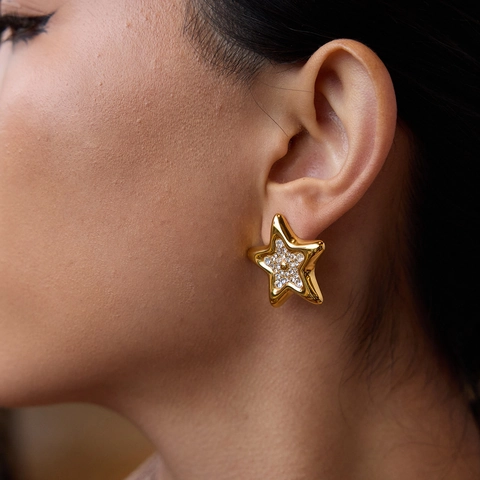 Roestvrijstalen Ster Oorbellen Met Steentjes Puffy Vijfpuntige Ster Studs Waterdichte Hypoallergene Sieraden Voor Dames