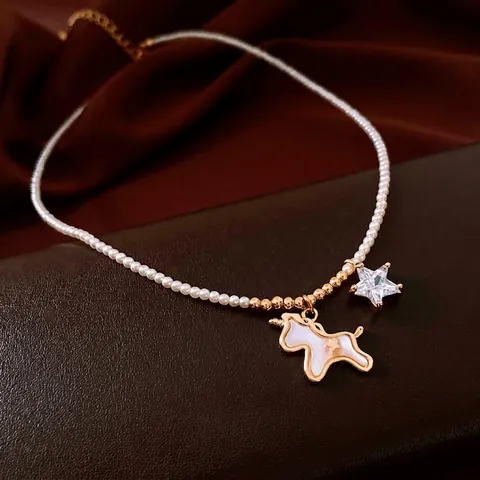 Unicorn Pendant Artificial Pearl Necklace For Women 18K Gold Plated Copper With Star Zircon Charm Elegant Jewelry Accessory