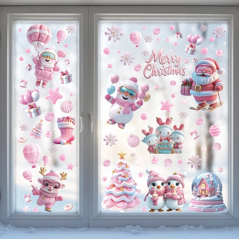 Christmas Window Stickers Pink Cartoon Santa Claus Snowman PVC Static Cling Glass Door Decals Holiday Home Decor