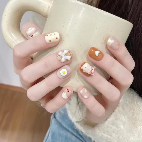 Uñas Postizas Hechas A Mano 3D Dibujos Animados Cerdo Corazón Lazo Diseño Macaron Colorido Lindo Reutilizable Para Mujeres