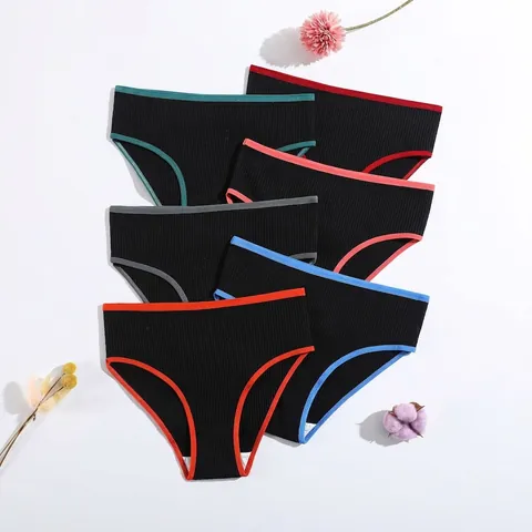 Women Panties Cotton Ribbed High Waist Breathable Contrast Binding Soft Comfortable Solid Color Underwear For Lady