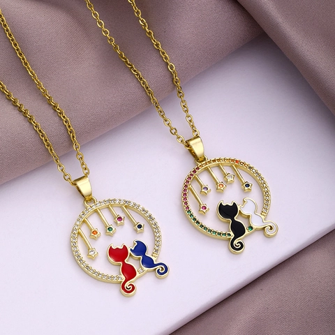 Katze Anhänger Halskette Kupfer Emaille Zirkonia Eingelegt Rund Stern Charmante Mode Schmuck Für Paare Freunde Geschenk