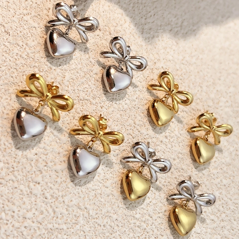 Orecchini Pendenti Con Fiocco E Cuore Placcati Oro 18K Acciaio Inossidabile 304 Vintage Coreano Gioielli Per Donna