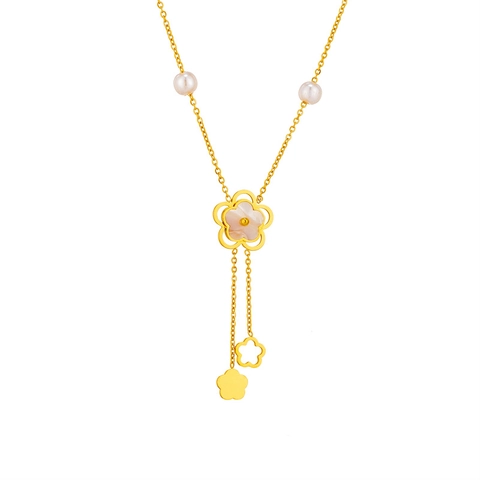 Elegante Camellia Schelp Hanger Halsketting Titaniumstaal Goud Kunstparel Kwastje Halsketting Voor Dames Mode Sieraden