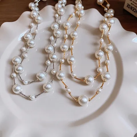 Elegant Long Imitation Artificial Pearl Necklace Minimalist Copper Chain Graduated Station Design Sweater Chain For Women