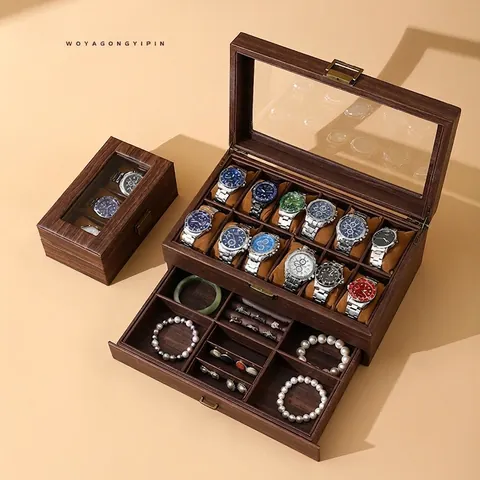Vintage Wood Grain PU Leather Watch Organizer Jewelry Storage Case Double Layer Multi Compartment Display Holder With Glass Lid Metal Lock For Men Women