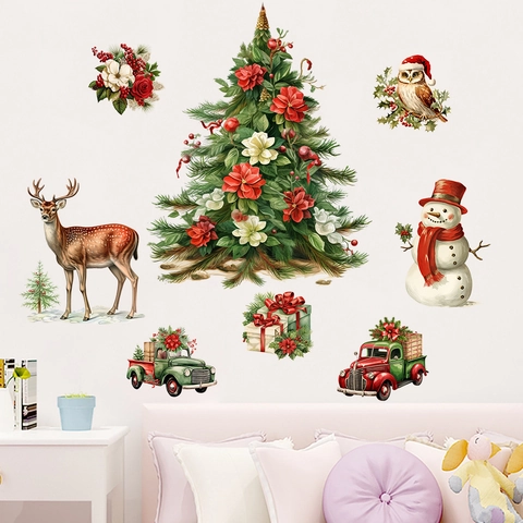 Kerst Muurstickers PVC Waterdicht Sneeuwpop Rendier Boom Vintage Truck DIY Decoratie