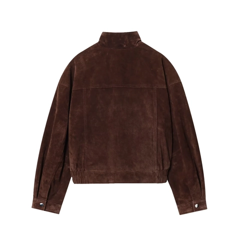 Women Faux Suede Bomber Jacket Stand Collar Metal Button Flap Pockets Casual Streetwear Solid Brown Coat