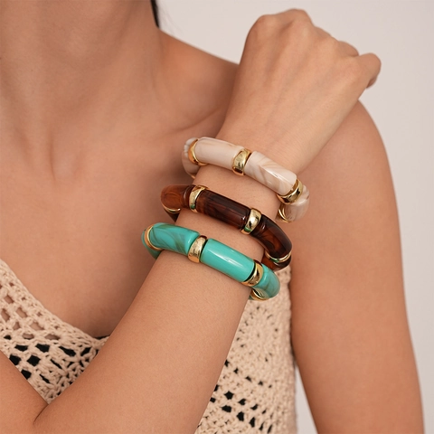 Acryl Bambus Rohr Elastisches Armband Für Frauen Legierung Distanzstücke Marmormuster Retro Geometrische Harz Handschmuck