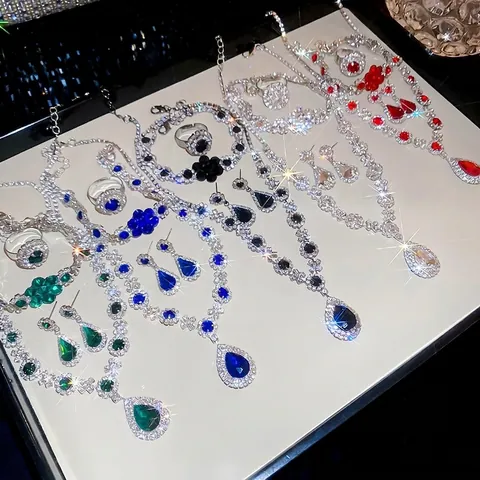 Collana Fiore Orecchini Bracciale Anello Perno Argento 925 Lega Strass Goccia Acqua Forma Pera Design Royal