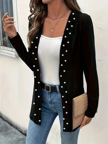 Women Long Sleeve Ribbed Knit Cardigan With Artificial Pearl Beaded Open Front Jacket Elegant Solid Color Fashion Commute Outerwear