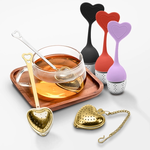 Heart Shaped 304 Stainless Steel Tea Infuser Reusable Filter With Long Handle Chain Hook For Loose Leaf Tea Brewing
