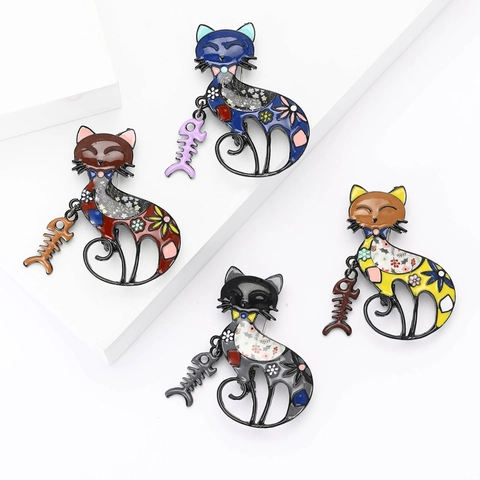 Cute Cartoon Cat Brooch Pin With Fish Bone Pendant Alloy Enamel Floral Pattern Decorative Jewelry For Women Men Kids