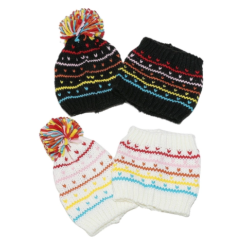 Berretto In Maglia E Scaldacollo Per Bambini Inverno Caldo Acrilico Strisce Colorate Motivo Arcobaleno Grande Pompon