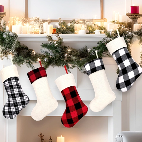 Christmas Stocking Knitted Buffalo Plaid Grid Hanging Candy Gift Bag Fireplace Holiday Decor Farmhouse Style