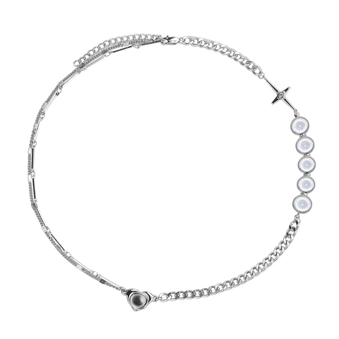 Titanium Steel Mixed Chain Necklace With Imitation Artificial Pearl Rhinestone Cross Heart Pendant Hip Hop Style Unisex