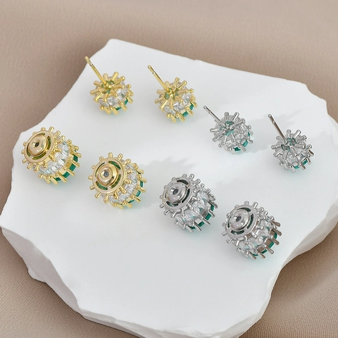 Elegant Emerald Green Stone Geometric Two-Way Wear Stud Earrings With 925 Sterling Silver Earring Post Copper Rhinestone Jewelry