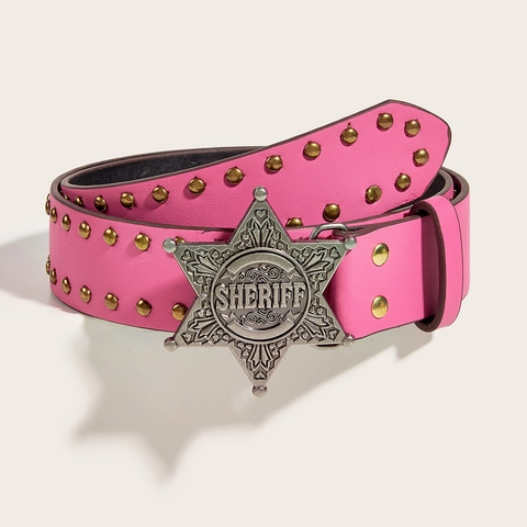 Damen Punk Kunstleder Gürtel Mit Sheriff Stern Schnalle Quadratische Nieten Western Cowboy Mode Modischer Bund