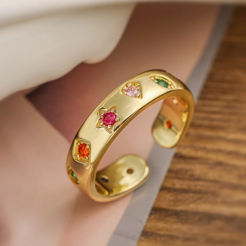 Anello Aperto In Rame Placcato Oro 18K Donna Geometrico Zircone Multicolore Occhio Di Allah Regolabile Retro Gioielli