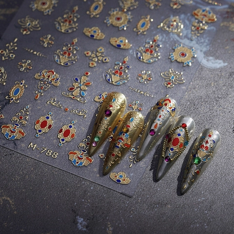 Retro Palast Stil 3D Relief Nagelsticker Exotische Schmuckmuster Gold Inlay Klebe Maniküre Aufkleber Für Damen