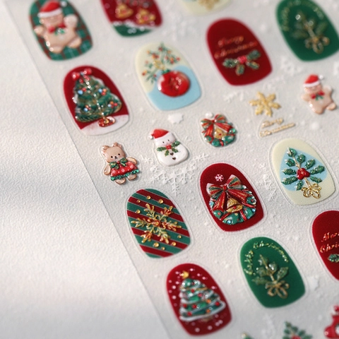 Weihnachten 3D Relief Nagelsticker Geprägte Lebkuchenmann Schneemann Weihnachtsbaum Selbstklebende Maniküre Dekoration