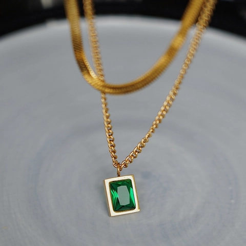 Collana A Doppio Strato In Acciaio Al Titanio Pendente In Zircone Verde Rettangolare Gioielli Di Moda Stile Francese Donne