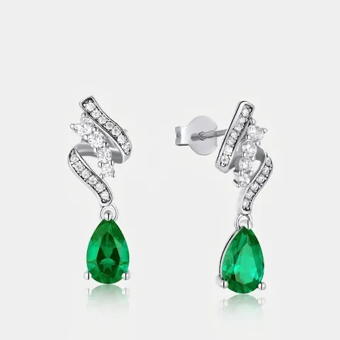 Pendientes de Gota de Plata de Ley 925 con Esmeralda Creada en Laboratorio para Mujer Diseño de Onda con Circonia Incrustada Joyería