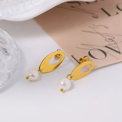 Titanium Steel Oval Textured Drop Earrings With Natural Freshwater Pearl Vintage Gold Geometric Jewelry For Women