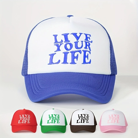Trucker Hat Mesh Ademend Borduurwerk Live Your Life Verstelbaar Vintage Baseballcap Zonnescherm Polyester Gebogen Rand
