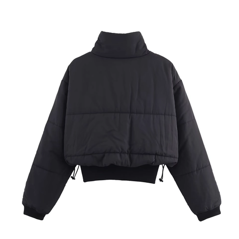 Women Winter Casual Short Quilted Padded Jacket Stand Collar Long Sleeve Zipper Patchwork Puffer Coat Solid Color Warm Streetwear Outwear