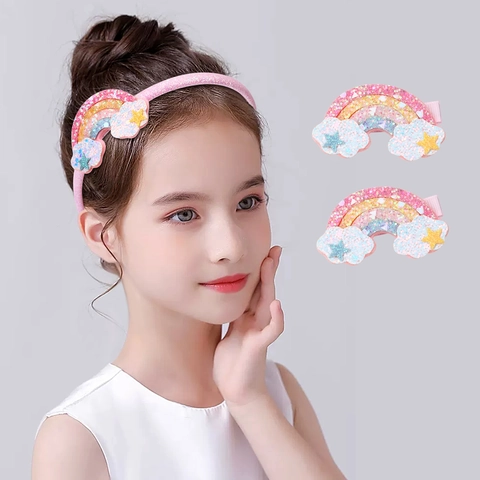 Accessoires Cheveux Arc-En-Ciel Nuage Étoile Rose Pailleté Serre-Tête Et Barrettes Pour Filles Enfants Tout-Petits