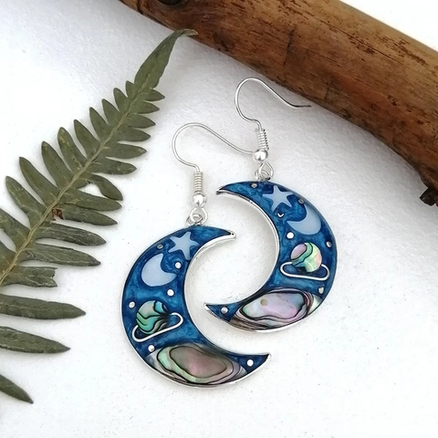 Boucles d'Oreilles Pendantes en Alliage Croissant de Lune Vintage Ciel Bleu Étoile Planète Incrustation Coquille d'Abalone Bijoux pour Femmes