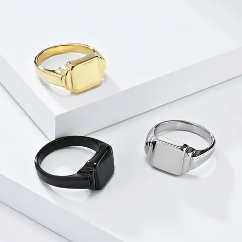 Stainless Steel Square Signet Ring Polished Tiered Minimalist Plain Band Jewelry Unisex