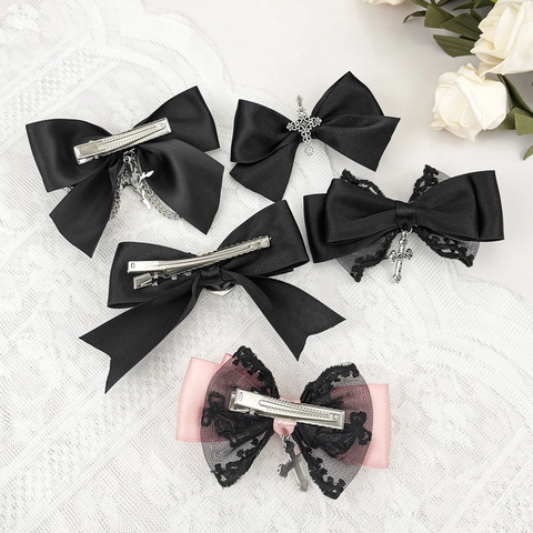 Mollette Per Capelli Fiocco Gothic Lolita Nastro Raso Pizzo Lega Croce Catena Cuore Pendente Stile Punk Scuro Donne