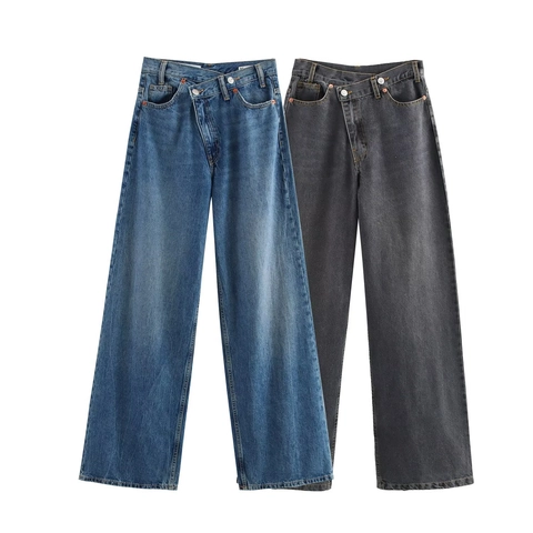 Jeans A Gamba Larga A Vita Alta Da Donna Patta Con Bottoni Diagonale Asimmetrica Denim Di Cotone Casual