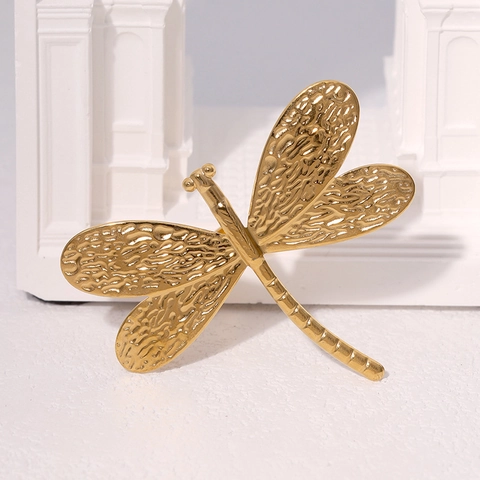 Anillo Abierto Libélula Acero Inoxidable Chapado En Oro 18K Ajustable Joyas Animales Minimalistas Para Mujeres Textura Martillada Chic