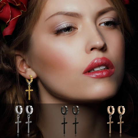 Pendientes De Aro Con Cruz Para Hombres Y Mujeres De Acero Inoxidable Joyería Punk Gótica Religiosa Pulido De Alto Brillo