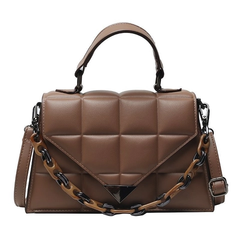 Women Quilted Rhombus Shoulder Bag PU Leather With Resin Chain Crossbody Handbag Triangle Buckle Fashion Trendy