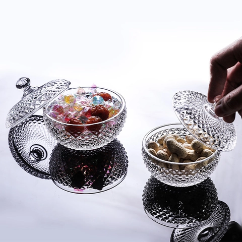 Glass Candy Jar With Lid Embossed Diamond Texture Crystal Style Jewelry Storage Box Desktop Decorative Organizer For Home Party