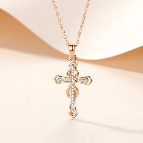 Collana con Ciondolo a Croce Cuore Infinito in Argento Sterling 925 Oro Rosa Oro Bianco Strass Intarsiato Collane di Moda da Donna